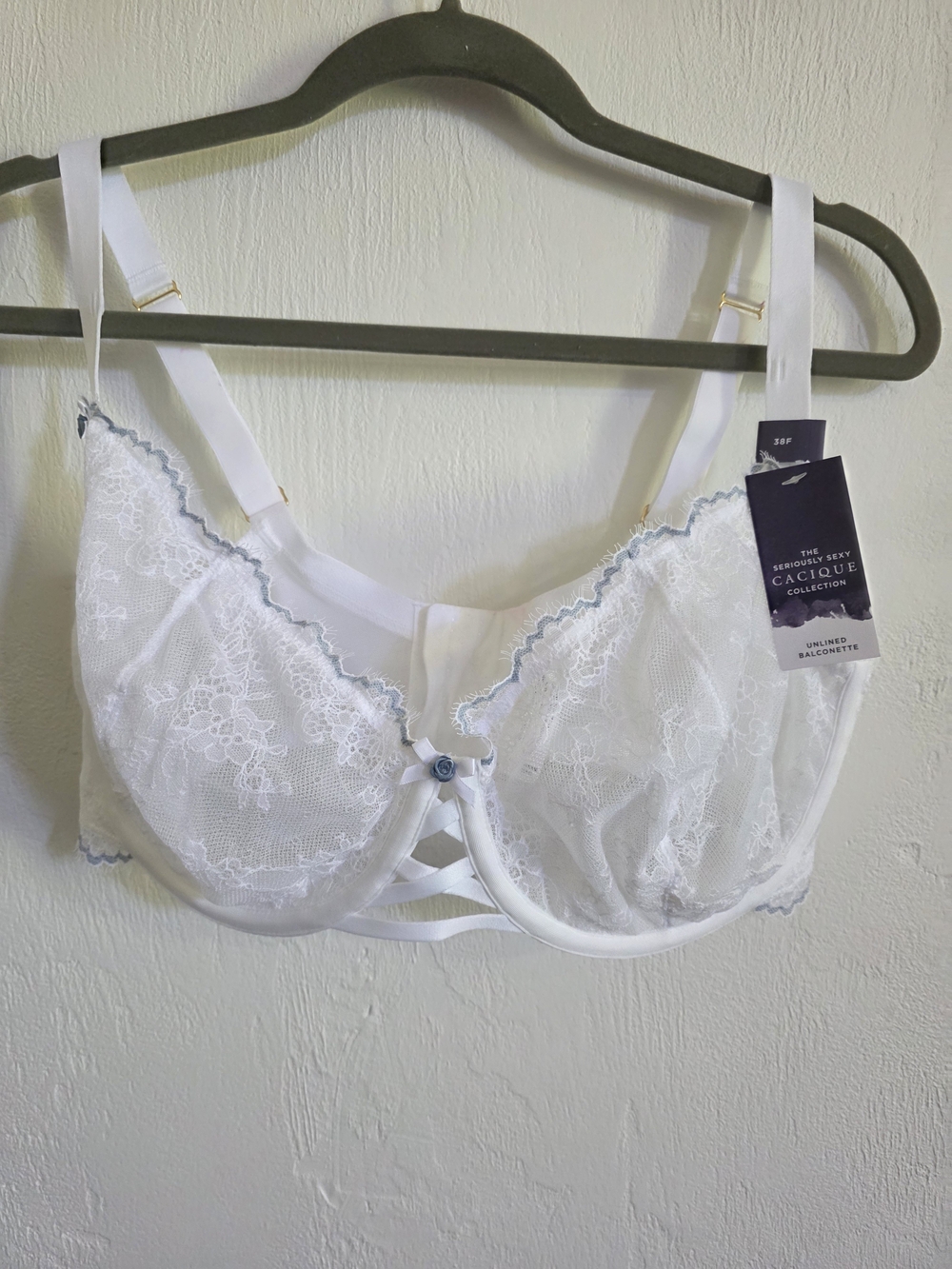 Cacique White Lace Unlined Balconette Bra with Blue Trim